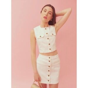 Reformation Cher Denim Two Piece Set White Vest Mini Skirt Size 12